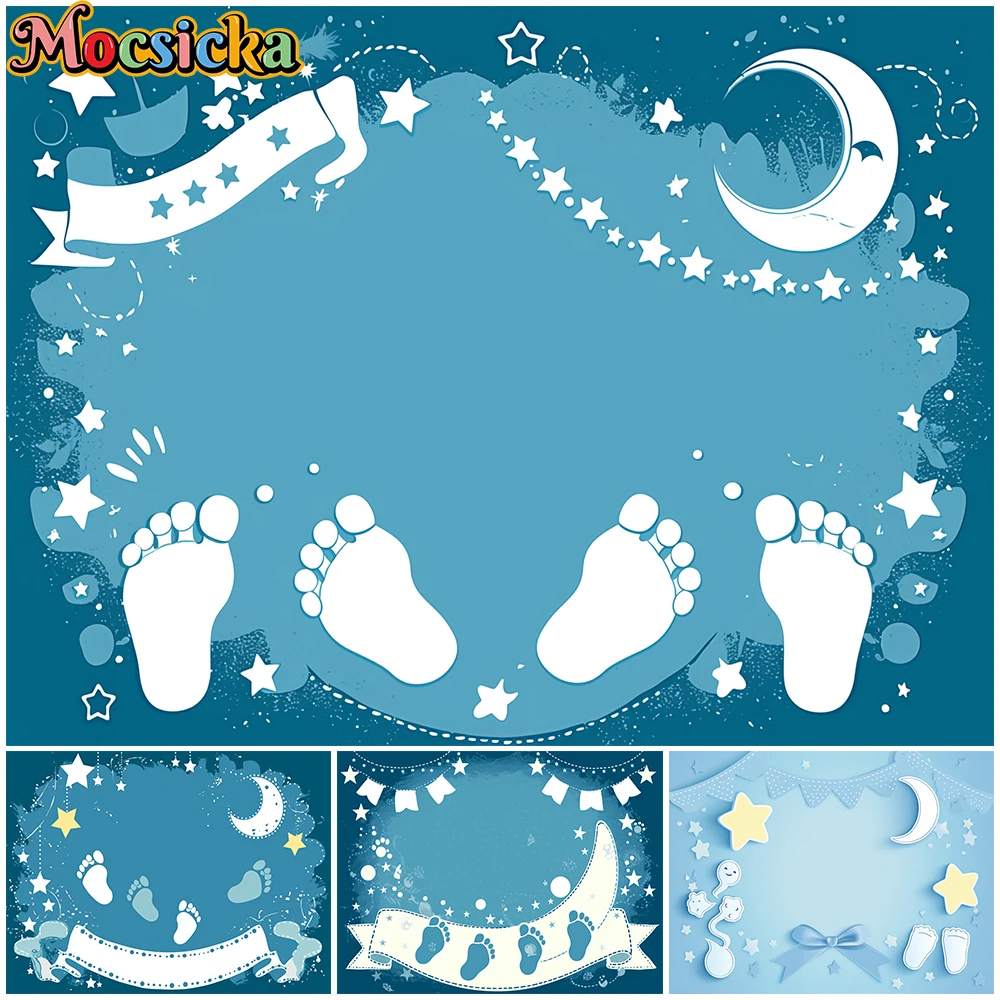Mocsicka Baby Shower Backdrop Footprints Moon Stars Light Blue Banner Party Decoration Shooting Props Birthday Background Studio