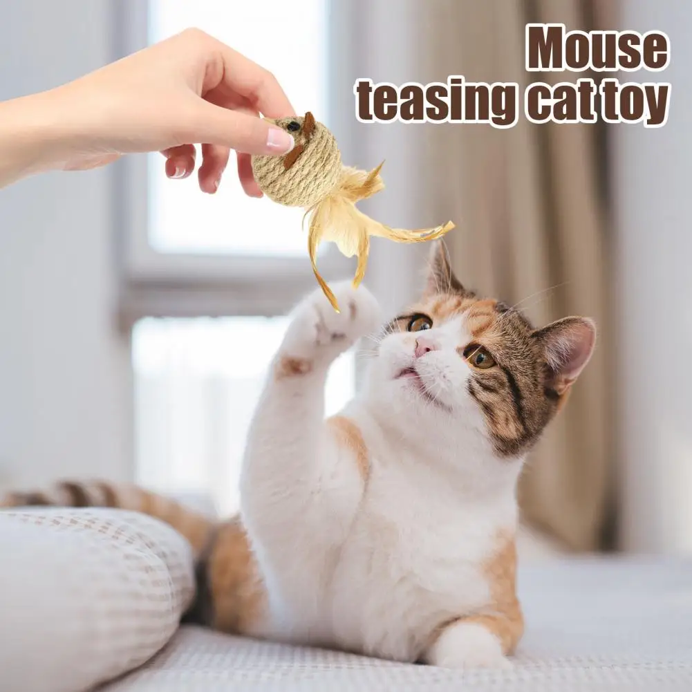 Handwoven Hemp Rope Mice Cat Toy With Natural Feather And Jingling Bell - Interactive Play For Cats, Durable And Fun Pet Toy