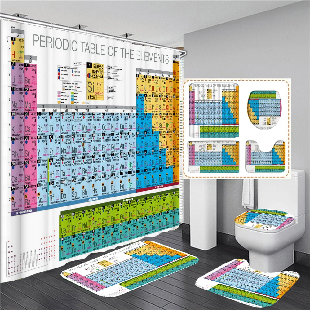 3d Periodic Table of Elements Print Bathroom Curtains Fabric Shower Curtain Set Bath Mats Rugs Toilet Lid Cover Anti-slip Carpet