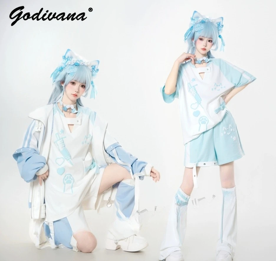 オリジナル日本鉱山ジッパー取り外し可能なスリーブ Tシャツショーツセット新しい夏の女性のサブカルチャーゴストップとショーツセット衣装