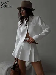 Oymimi Elegant White 2 Piece Sets Women Outfit Casual Lapel Long Sleeve Single Button Shirt + High Waist Pleated Mini Skirts Set