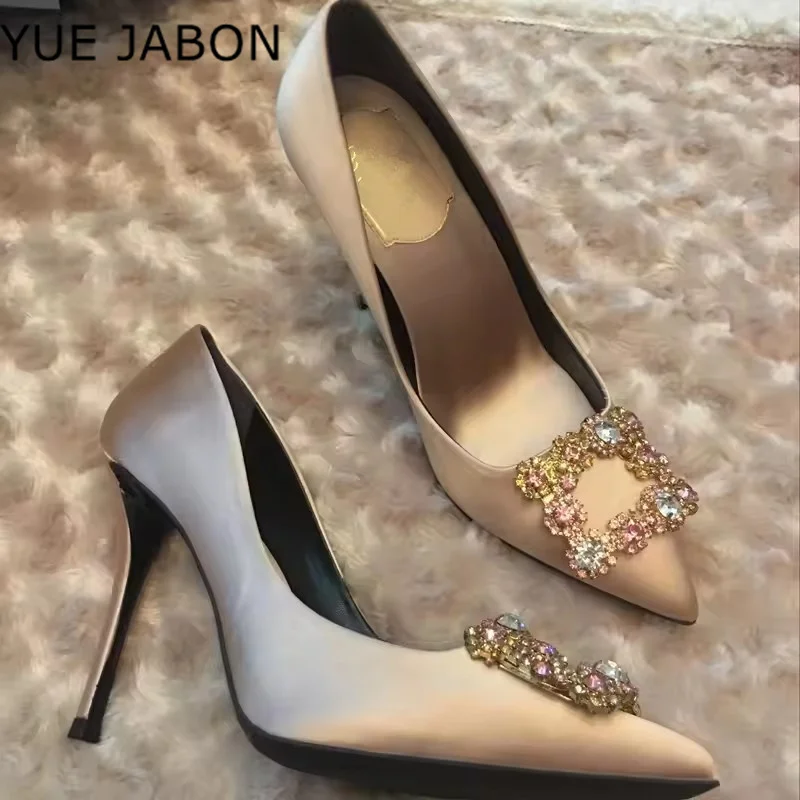 Luxury Rhinestone Pointed Toe Women Pumps Elegant Crystal Wedding Bridal Shoes Satin Silk Square Buckle Dec Mules High Heels