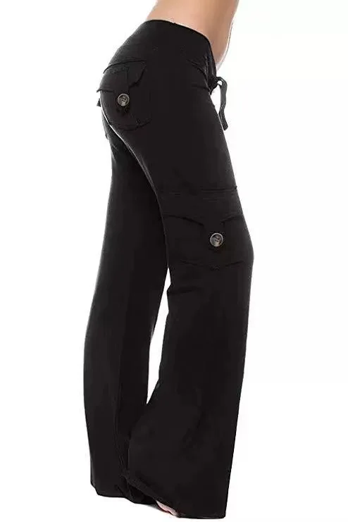 

European And American Elastic Waist Button Four Bags Drawstring Yoga Wide Leg Pants Streetwear Plus Size Women Cargo Pants