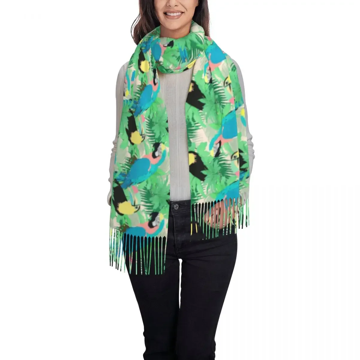 Modern Exotic Parrot Scarf Lady Tropical Leaf Print Headwear Scarves with Long Tassel Winter Vintage Shawl Wrap Bufanda Mujer