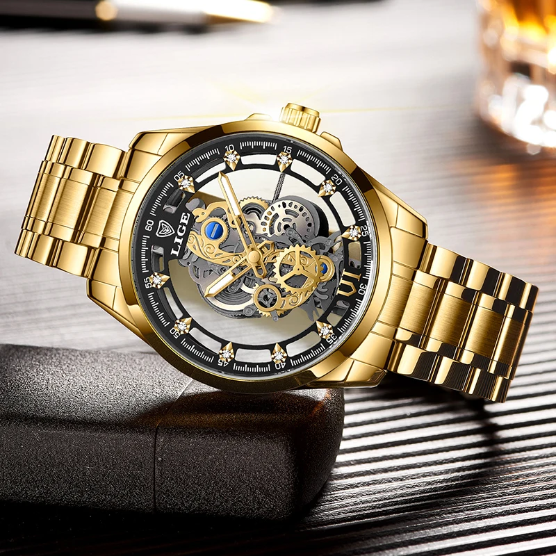 LIGE Fashion Quartz Watches For Men Gold Skeleton Retro Men Watch Top Brand Luxury Sport Waterproof Watch Men Relogios Masculino