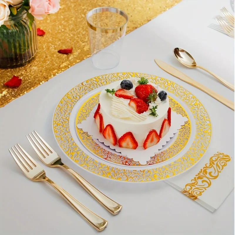 70 Piece Elegant  Golden Party Set - Reusable Plates Cups & Napkins for Weddings & Gatherings