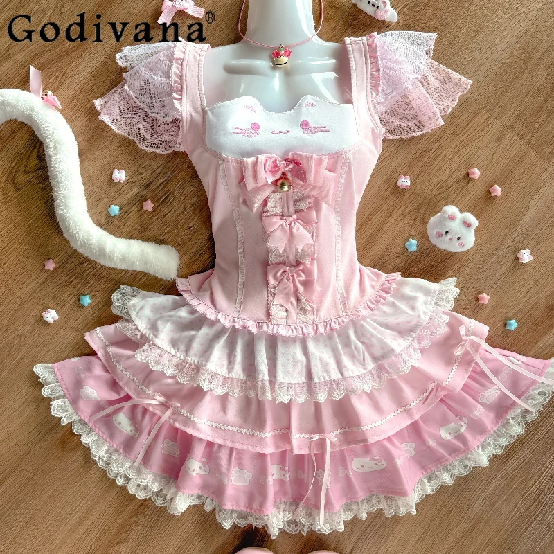 

Original Japanese Soft Girls Kawaii Top Skirt 2-Piece Set Daughter Y2K Clothes Summer Doll Feel Cartoon Print T-Shirt Cake Skirt