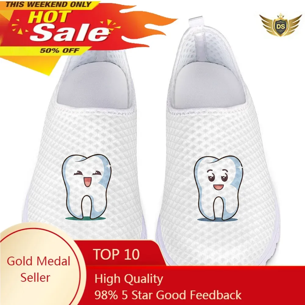 Mooie Cartoon Tandpatroon Vrouwen Platte Schoenen Ademende Mesh Slip On Sneaker Voor Laides Zomer Strandschoen Loafers