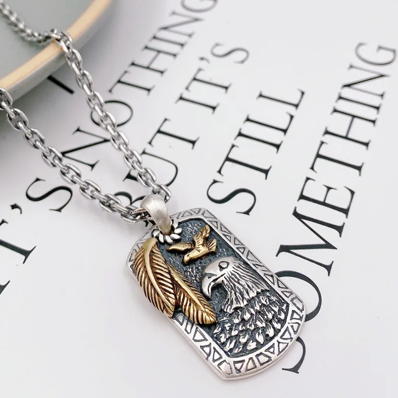 Retro Punk Animal Feather Eagle Square Pendant Necklace Men's Fashion Hip Hop Rock Party Jewelry Gift