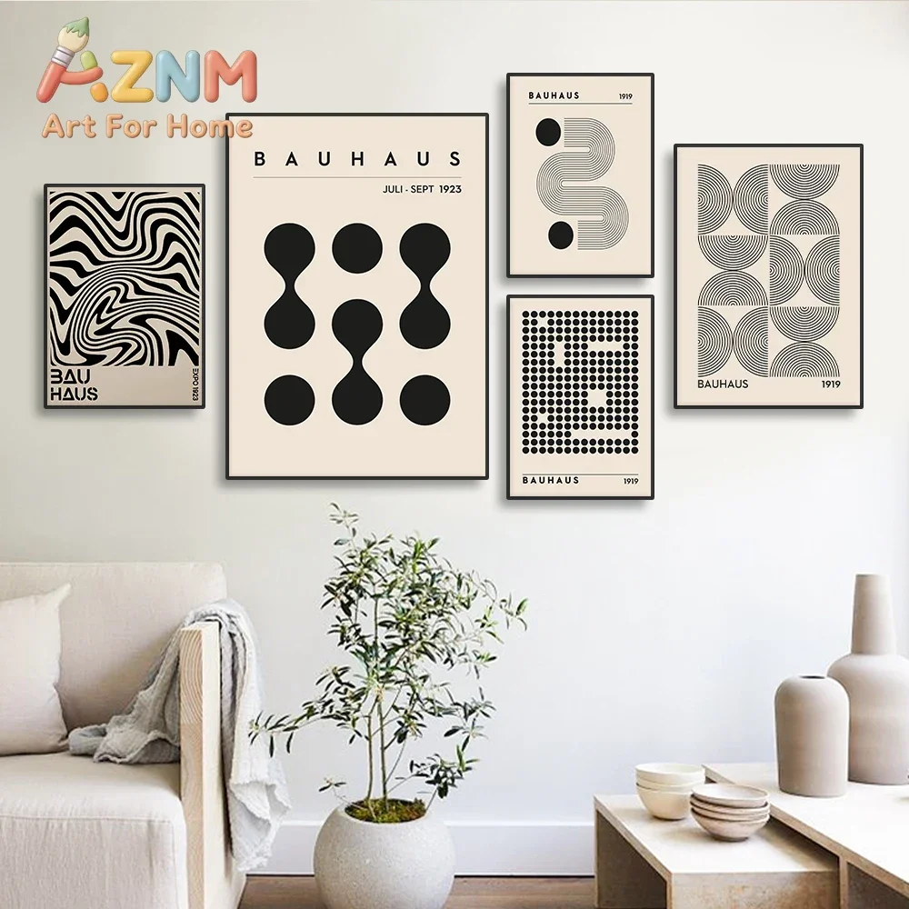 Abstract Bauhaus Style Geometric Wall Art Posters Prints Picture Vintage Black Beige Line Canvas Paintings For Modern Home Decor