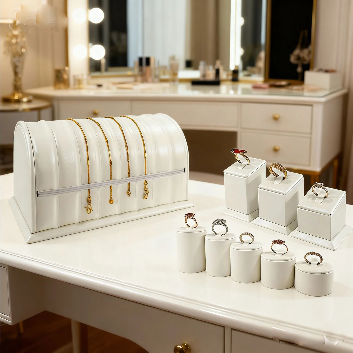 

White Brushed Leather Arch Necklace Display Stand Ring display stand Counter Jewelry Display Stand Jewelry Display Props