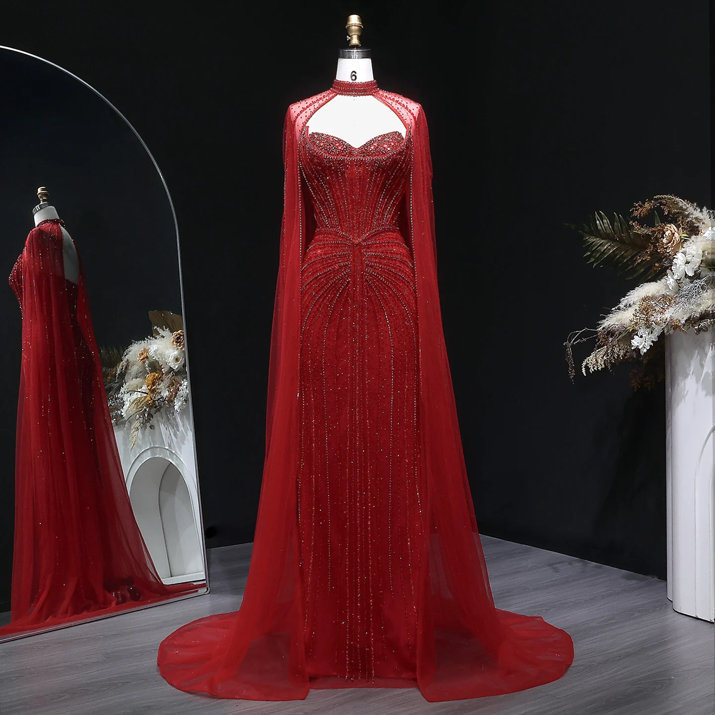 Sharon Said Luxuriöses Weinrotes Abendkleid mit Cape-Ärmeln, Lang, Rosa, für Damen, Hochzeit, Party, Ballkleider, Arabisch, SS156, Maßanfertigung – Detail 22