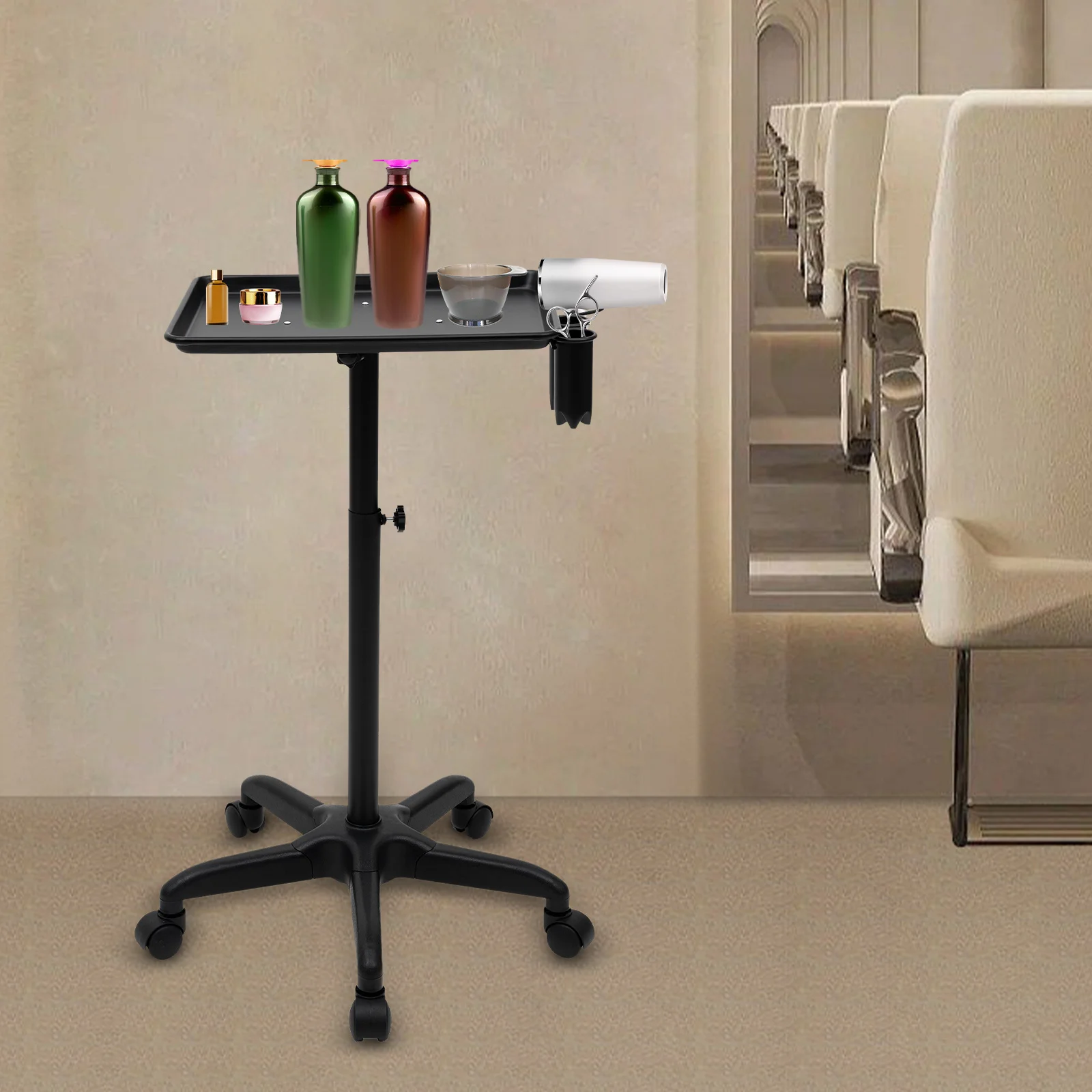 

Черная тележка для укладки волос с держателем для фена, органайзер для инструментов салона