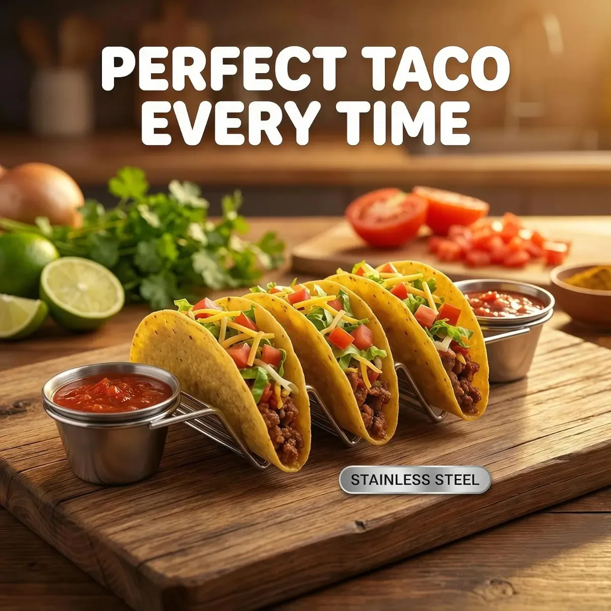 Soporte para Tacos con 2 Tazas para Salsas, Soporte de Acero Inoxidable para Conchas de Taco, Accesorios para Tacos, Panqueques, Rollitos Primavera y Panqueques Mexicanos