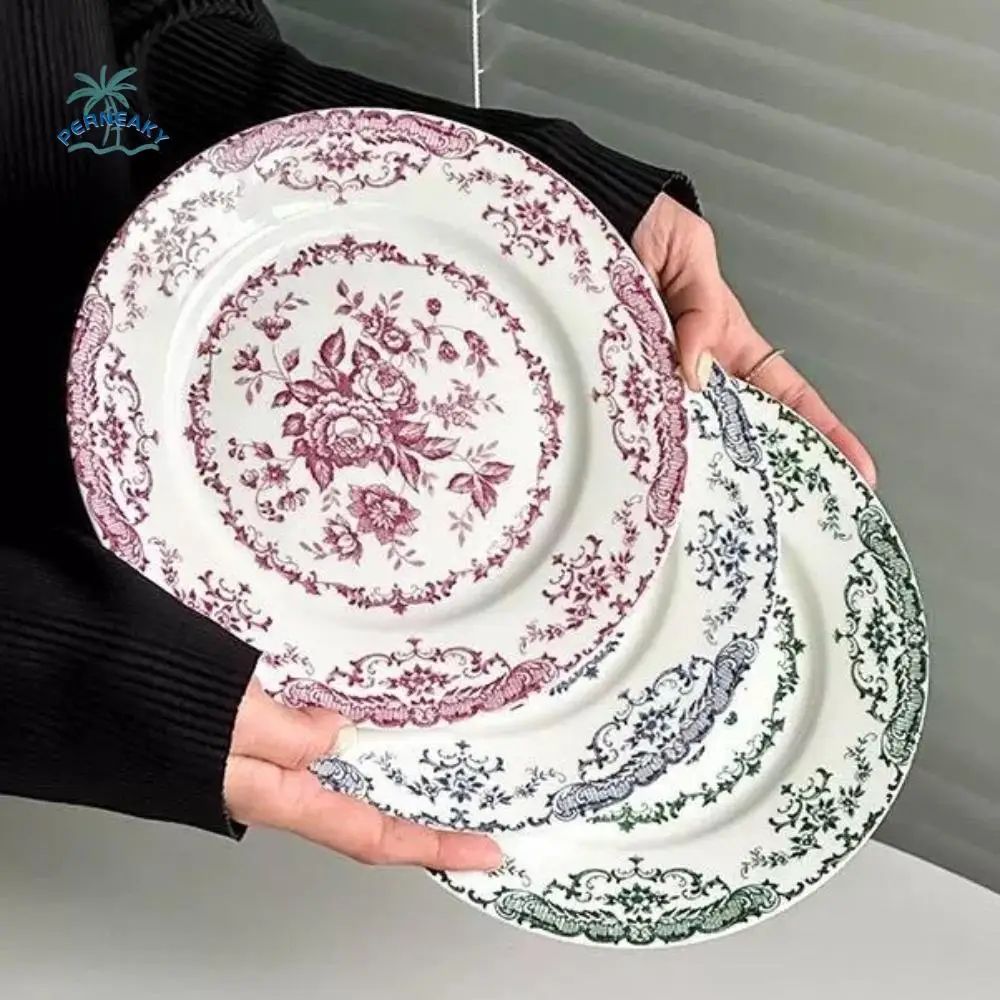 

Dinner Set Retro Nordic Flower Pattern Disc Ceramic Elegant Shallow Plate Exquisite Round Dinner Plate Restaurant