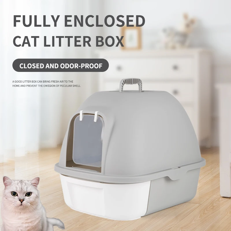 Large Cat Litter Box with lid  Portable fully enclosed cat stretcher box  tray toilet with hidden spoon sand