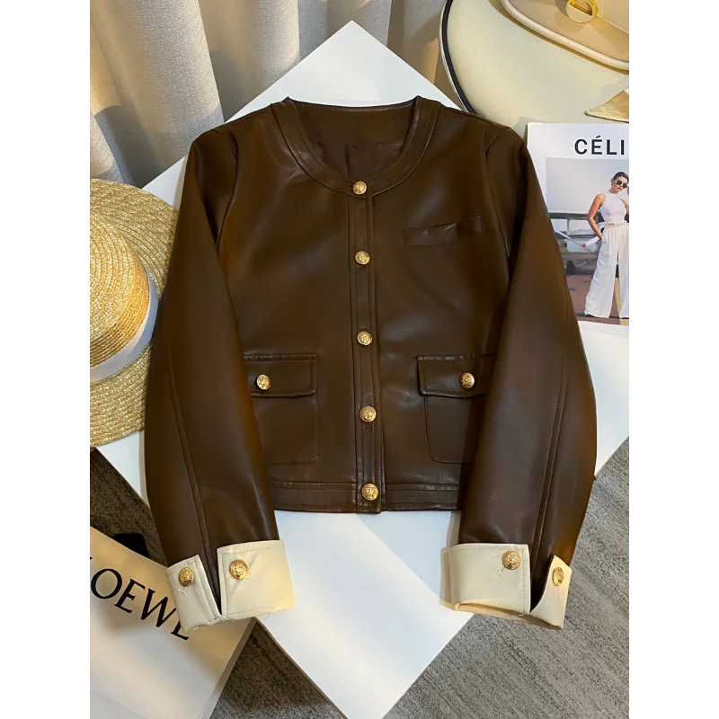 Veste en cuir à col rond pour femme, manches longues épissées, mode française, simple, faux cuir sauvage, café, décontracté, dame