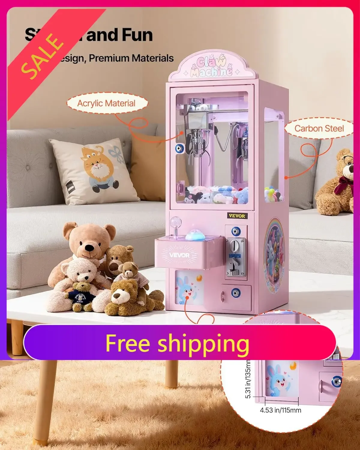 VEVOR Claw Crane Machine, Medium-Sized Arcade Game Machine with Light & Sound, Adjustable Steel Claws, Precise Toy Candy Grabber