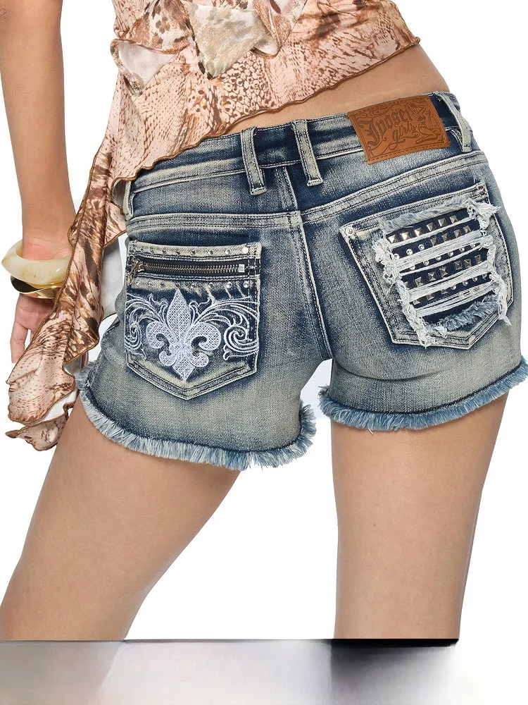 

JYOSEI Original Role Waed Heavy Du Frayed Rivet Embroidered Hole Y2K mid Low Waist American Sle ort Jeans Pants