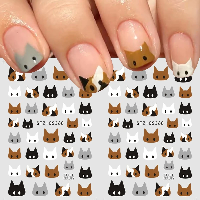 2 Stück Niedliche Katzen-French-Tip-Nagelaufkleber Schwarz Braun Katzenkopf Cartoon-Tier-Slider für Nageldesigns DIY Maniküre-Dekoration – Detail 1