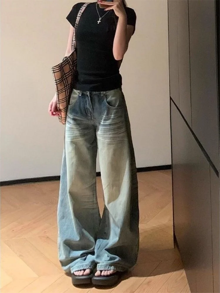 

Ретро американские джинсы с ножом, женские зимние новые свободные прямые брюки с широкими штанинами длиной до пола, косые брюки