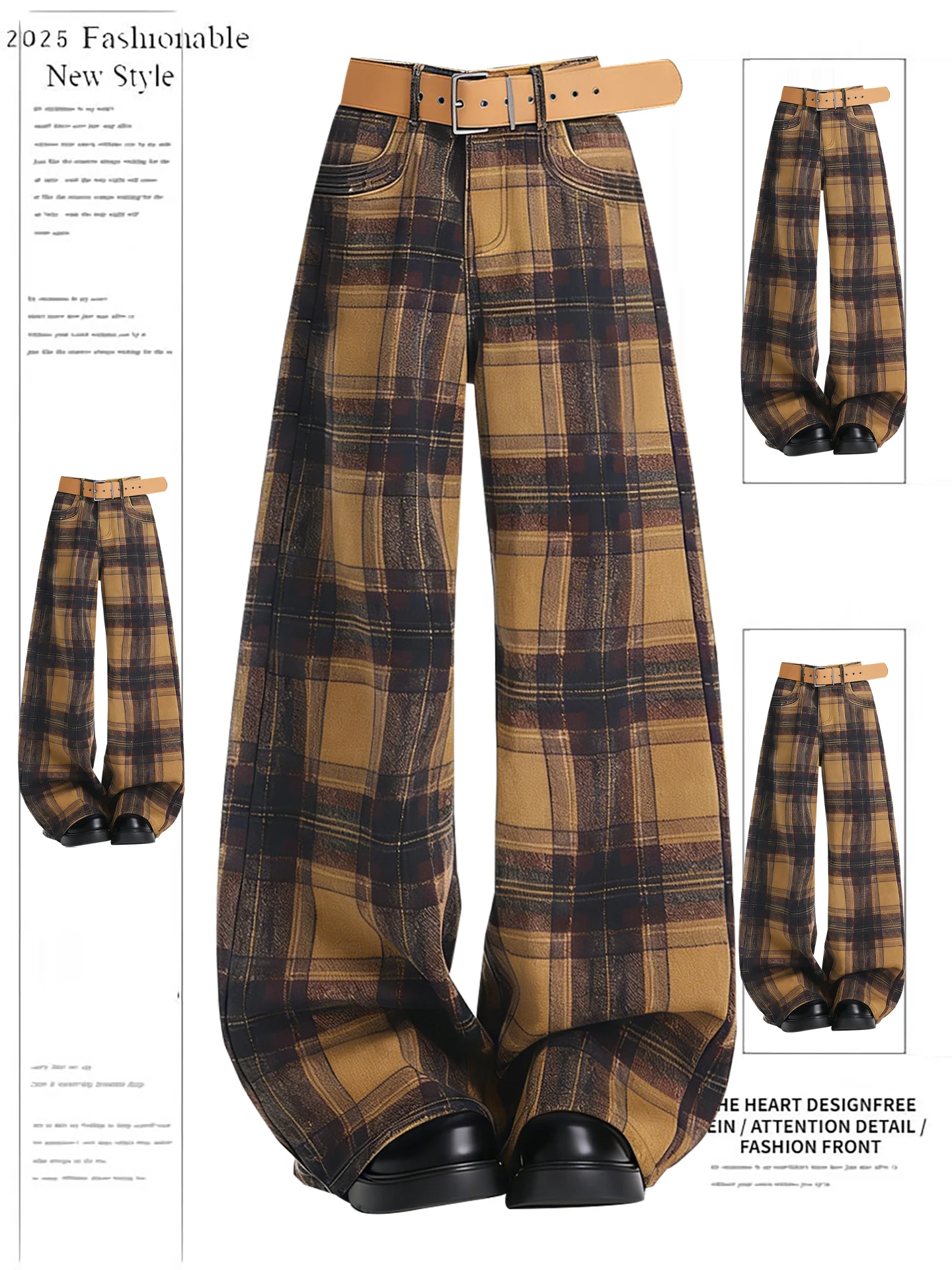 

American Retro Yellow Plaid High Waist Wide Leg Jeans Women's Autumn Winter Loose Straight Cut Denim Pants Casual Trousers