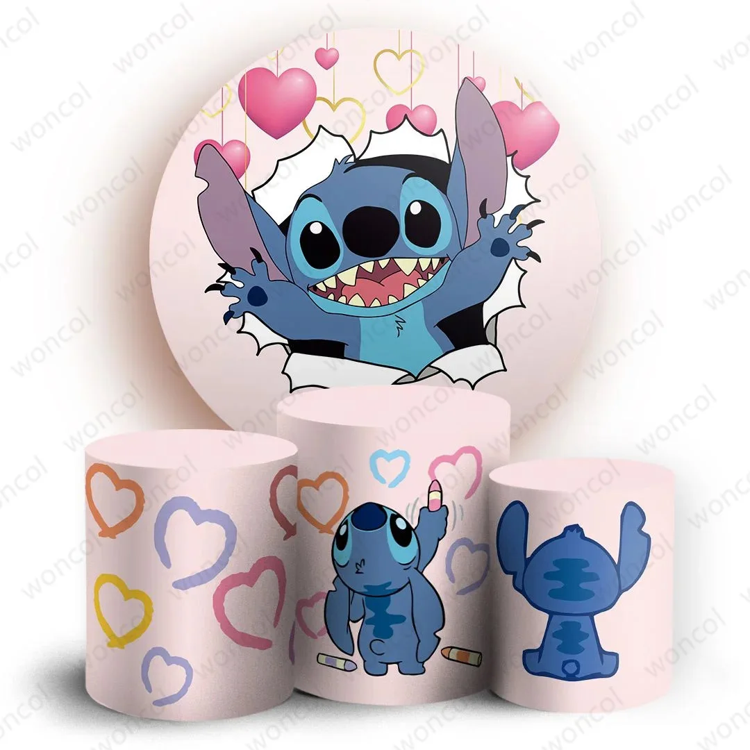 Fondo redondo de punto Lilo y Stitch, telón de fondo de cumpleaños, cubierta de cilindro para Baby Shower, decoraciones para fiestas, accesorios de fotografía