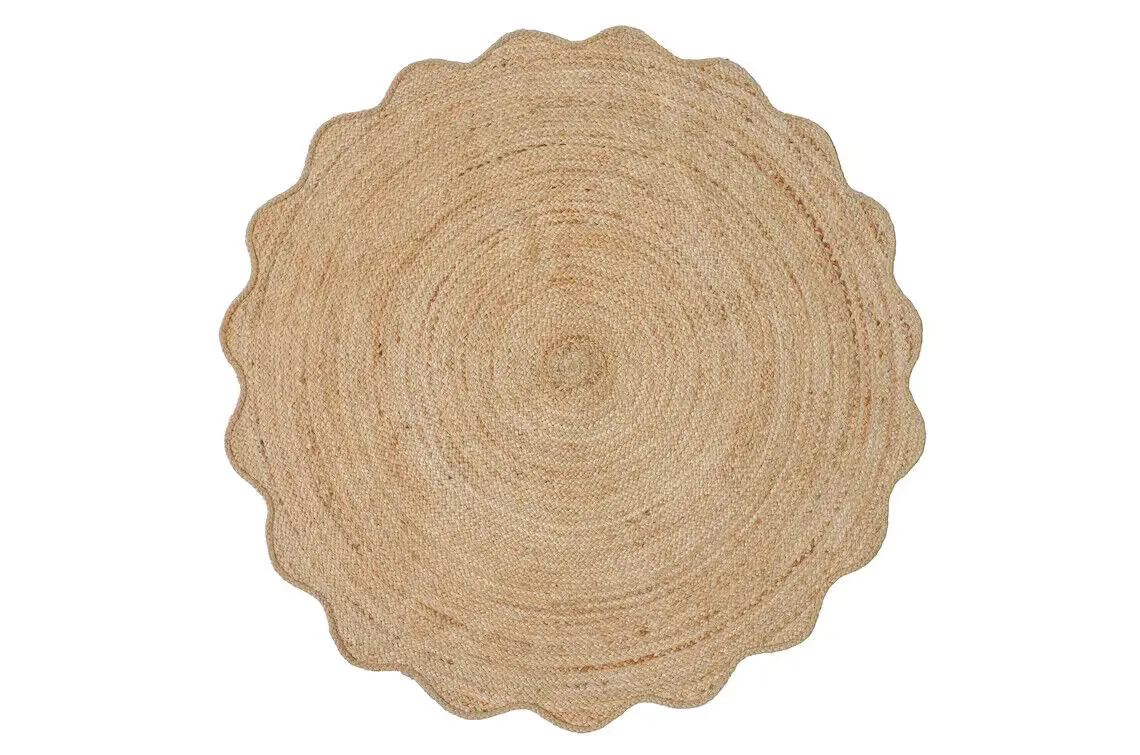 Scalloped Jute Rug Round Wavy Carpet Boho Decor for Living Room