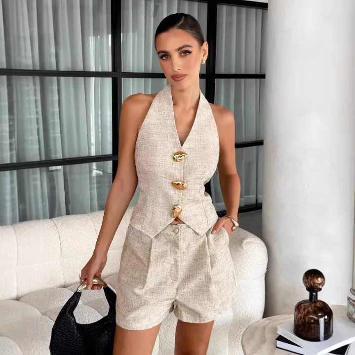 

Summer Womem Chic Vest Shorts Suit Sexy Backless Tops Two-Piece Set Office Ladies Chic 2 Piece Sets Womens Outfits Y2k Clothes