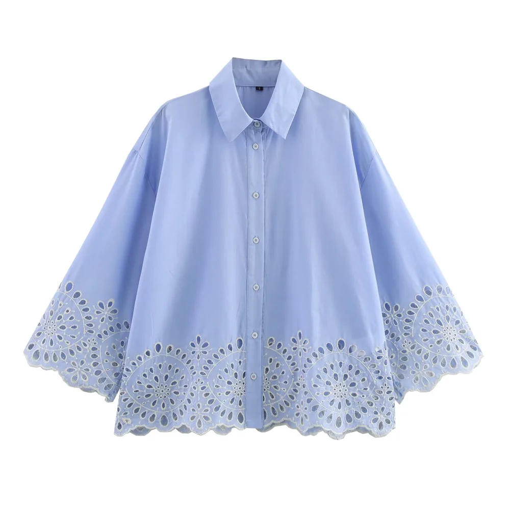 

PB&ZA2025 Chic Graceful Airy Delicate Feminine Exquisite Elegant Light Blue Eyelet - detailed Bell - sleeve Button - up Shirt