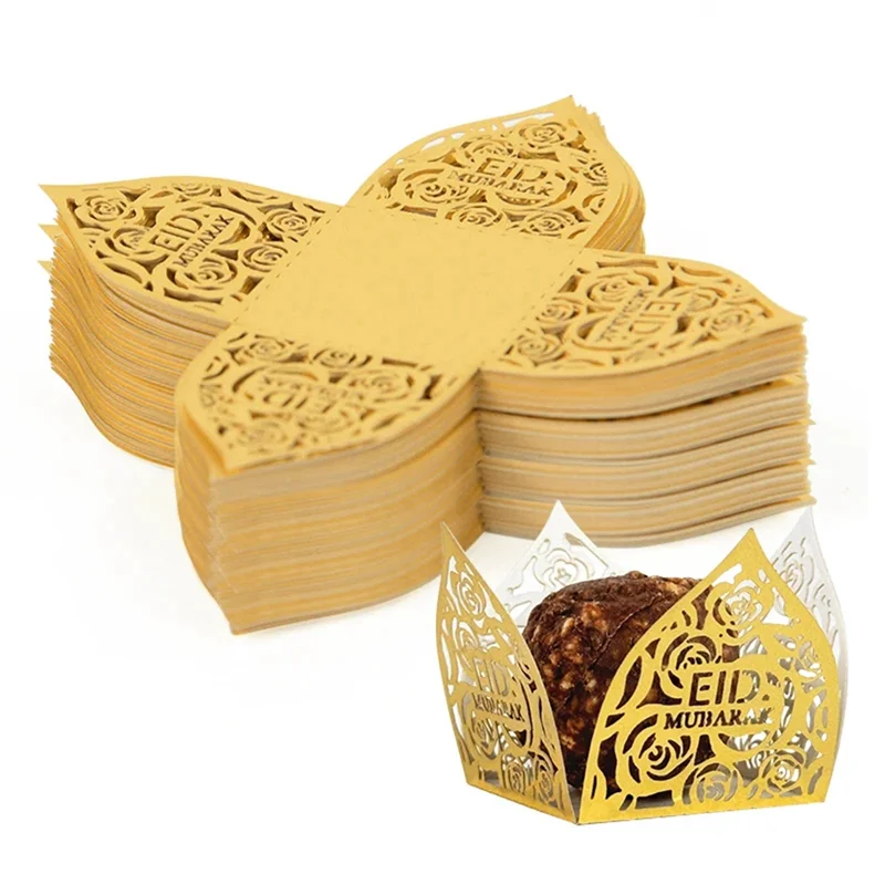ABBN-50Pcs عيد مبارك الديكور الحلوى صينية الطعام صندوق رمضان كريم لوازم الحفلات الإسلامية أ
