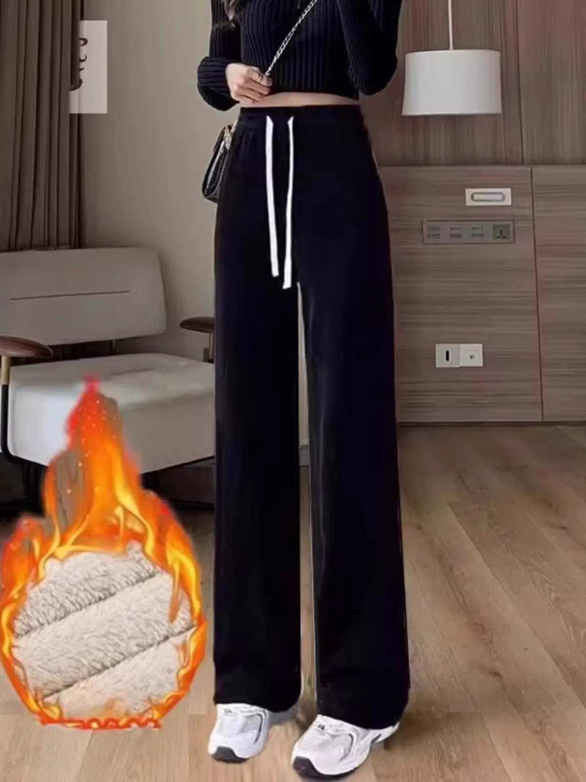 양털 안감 와이드 레그 캐주얼 팬츠 여성용 가을 겨울 스포츠 바지 하이웨이스트 9부 길이