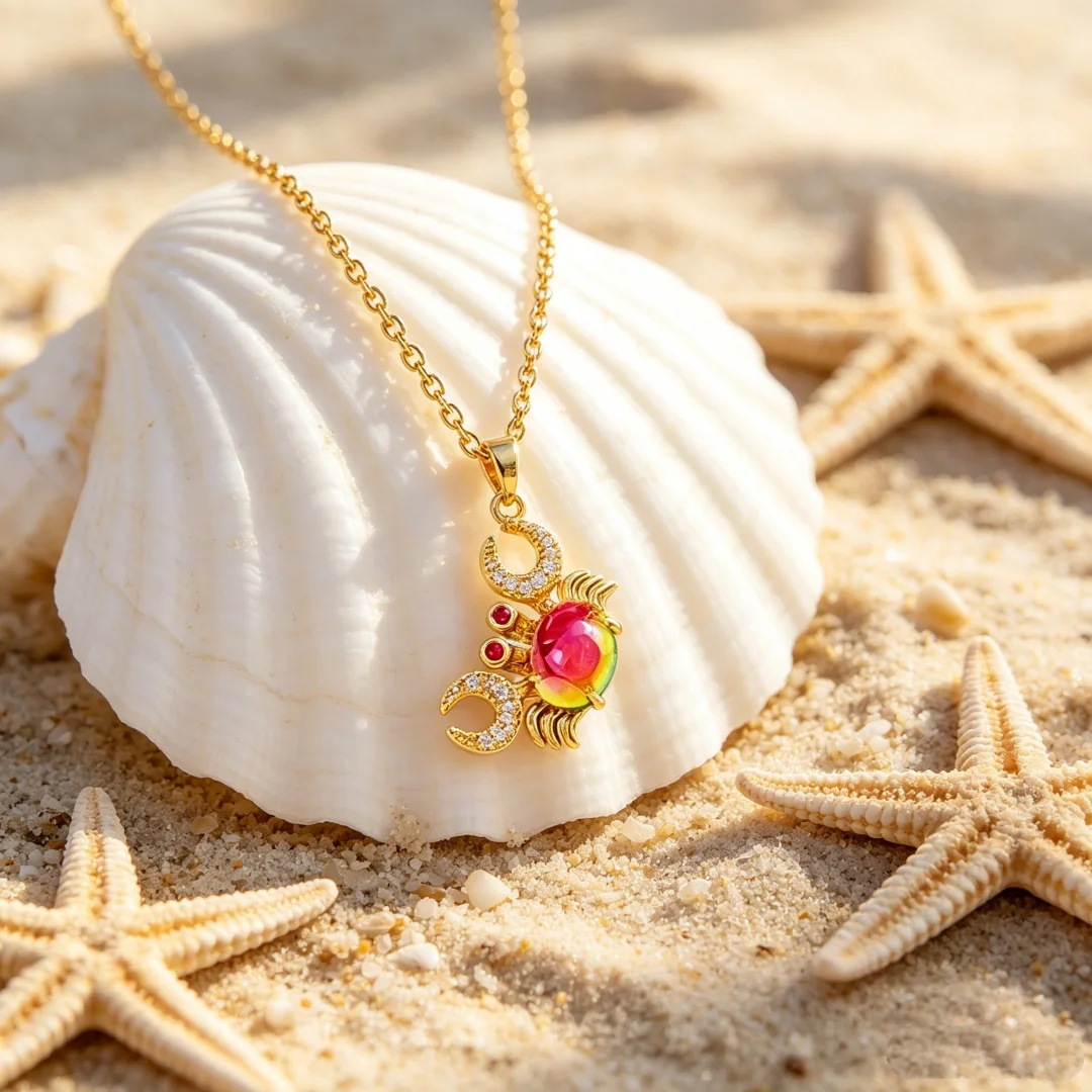 Colorful Crab Titanium Steel Necklace for Women Zircon Detail Elegant Luxurious Collarbone Chain Jewelry