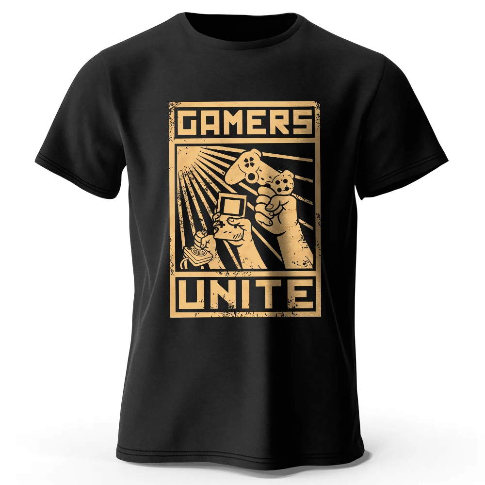 Herren Gamers Unite bedrucktes T-Shirt aus 100 % Baumwolle, übergroße Gamer-Grafik-T-Shirts für Damen, Sommer-Tops, Esports, Streetwear