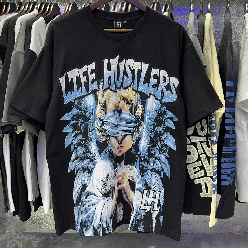 American Style Street Fashion Trendy Brand Men Life Hustlers Short Sleeved Summer Trend Glittering Rhinestones LIFE HUSTLERS Top