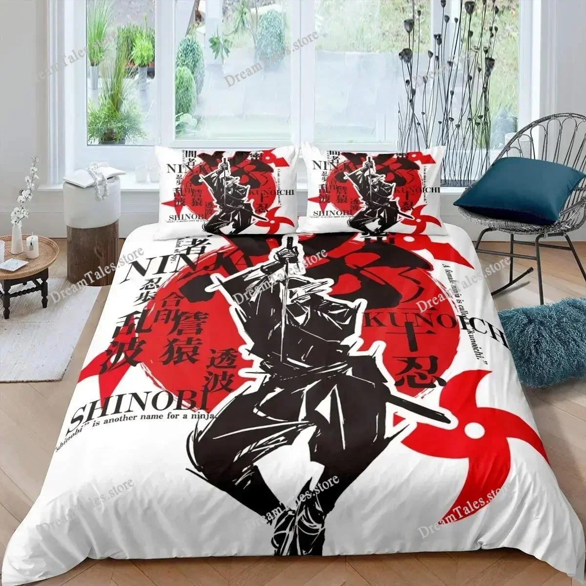 

Japanese Samurai Bedding Set KingQueenFull Size Japan Sunset Scenery Building Silhouette Polyester Duvet Cover Men Black Red741