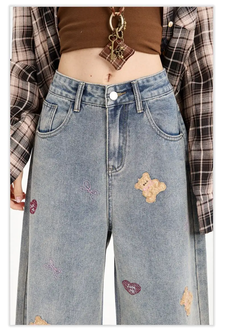 Y2k calças jeans soltas femininas casuais confortáveis retro bordado urso perna larga calças jeans streetwear moda