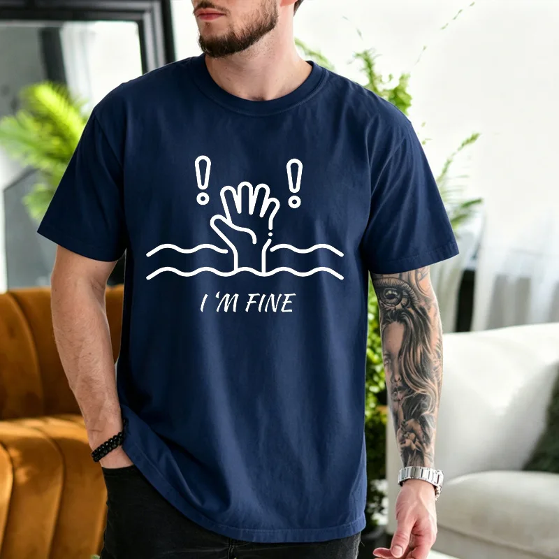 Mens Short Sleeve T Shirt I'm Fine Drowning Hand Graphic Tee Funny Humor Casual Crew Neck Tops For Daily Party Outdoor Wear