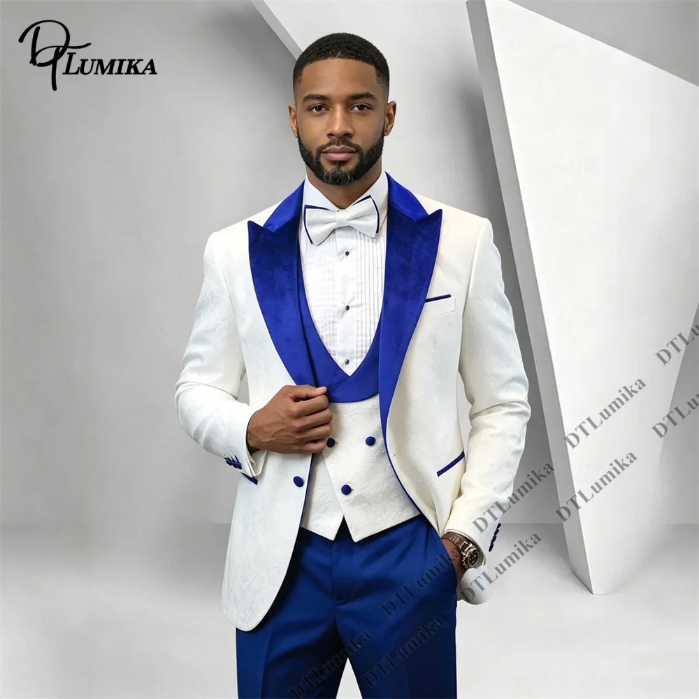 Three-Piece Men Suit White Floral Embossed with Royal Velvet Collar, Wedding Groom Suit Single Button Formal Party Prom Tuxedo