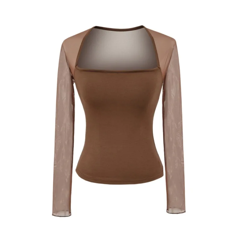 Korean Hot Girl Square-neck Mesh Patchwork Long-sleeve T-shirt For Women, Sexy Tight-fitting Unique Top With Chest Pads VGEX