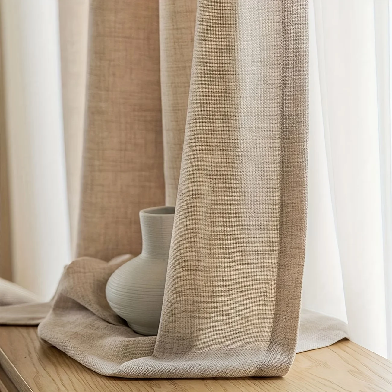 1pc Linen Blackout Mori Style Simple Solid Color Beige Sheer Curtain for Home Living Room House Decor Breathable Moaquito proof