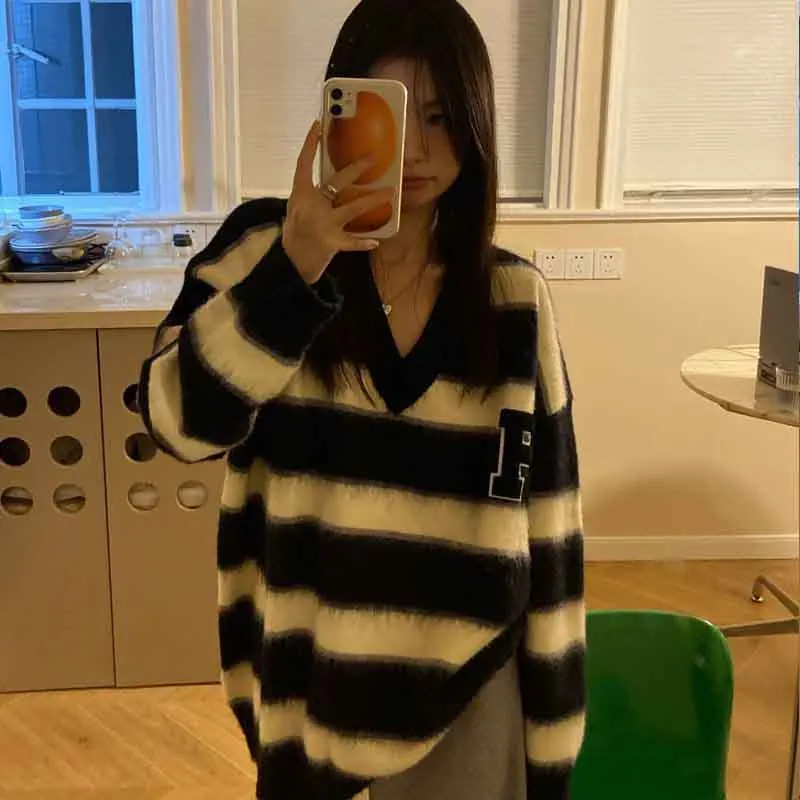 Y2K Fall Women Striped Sweater Oversized Korean Long Sleeves V Neck Knit Pullovers Winter Warm Loose All-Match Jumpers New