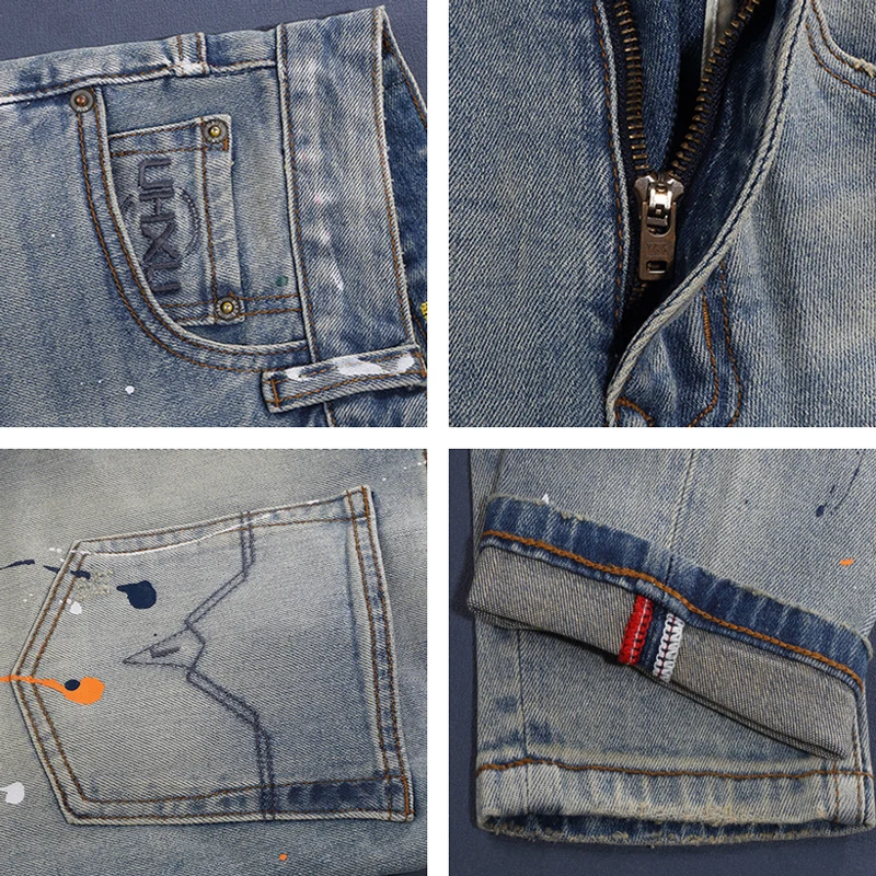 

Fashionable new men's painted washed blue ripped elastic slim fit retro jeans designer casual Italian style pants Y2K