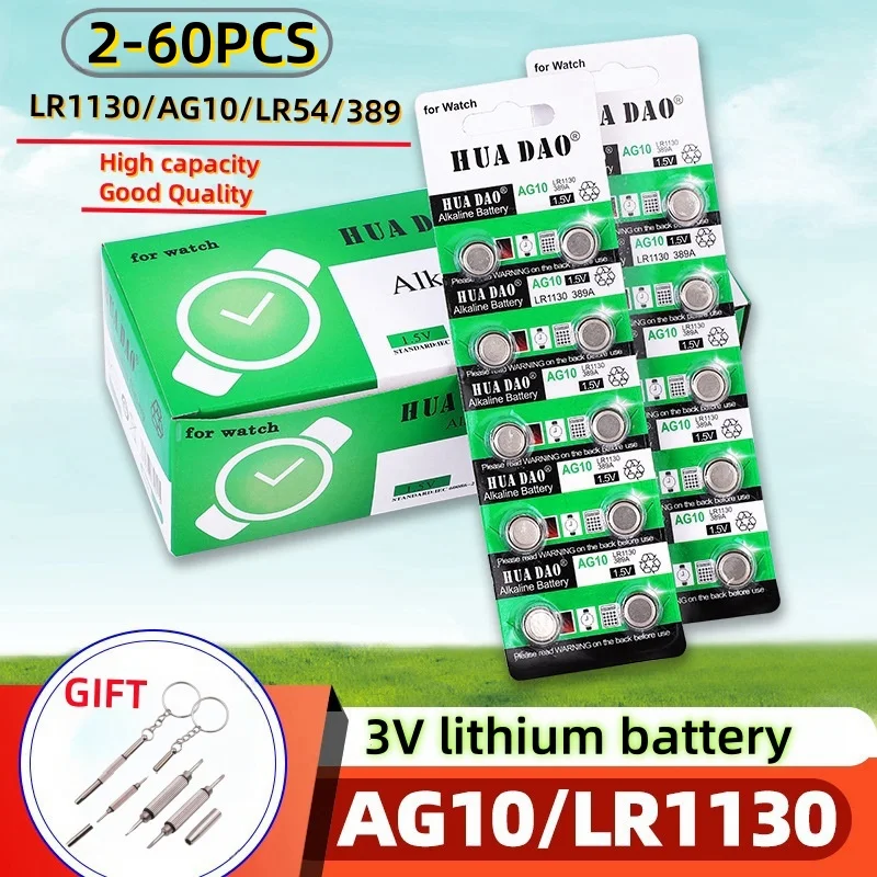 2PCS-60PCS 1.55V AG10 LR54 Button Batteries SR54 389 189 LR1130 SR1130 Round Cell Coin Alkaline Battery For Watch Toys Clock