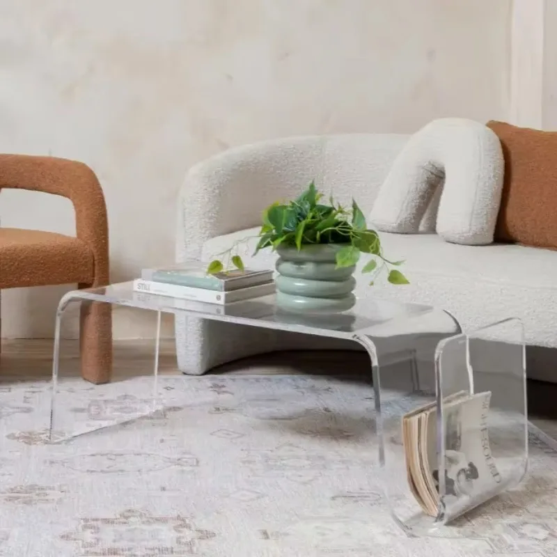 Modern Transparent Acrylic Curved Coffee Table with Built-in Magazine Rack Sleek Design for Living Room Home Office Decor
