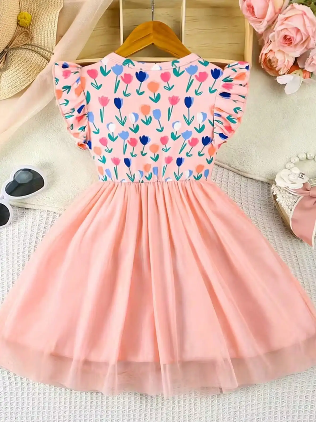 Bezauberndes Mädchen-Sommerkleid - Lila Lotusblatt-Manschette, Meerjungfrauen-Schuppen-Print und Pailletten-Dekoration, Polyester-Netzrock – Detail 18