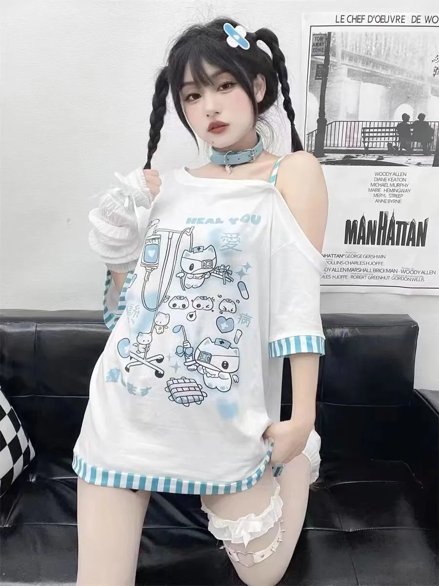 Japanische Harajuku Sweet Graphic T-Shirts für Damen, Katzen-Print, Sommer-Top mit freiem Schulterbereich, kurzärmelig, Oversize-T-Shirts, lockeres, lässiges T-Shirt – Detail 12