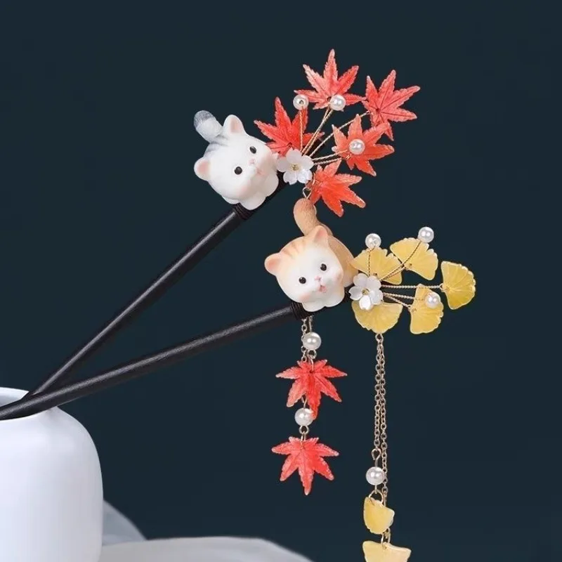 Cute Cat Maple Ginkgo Leaf Traditional Chinese Style Wooden Hairpin with Tassel Elegant Accessory for Women’s Stylish Hairstyles