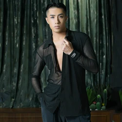 Latin Dance Clothes Perspective Stitching Tops Men'S Latin Dance Practice Clothes Chacha Samba Tango Latin Dance Wear DN10848