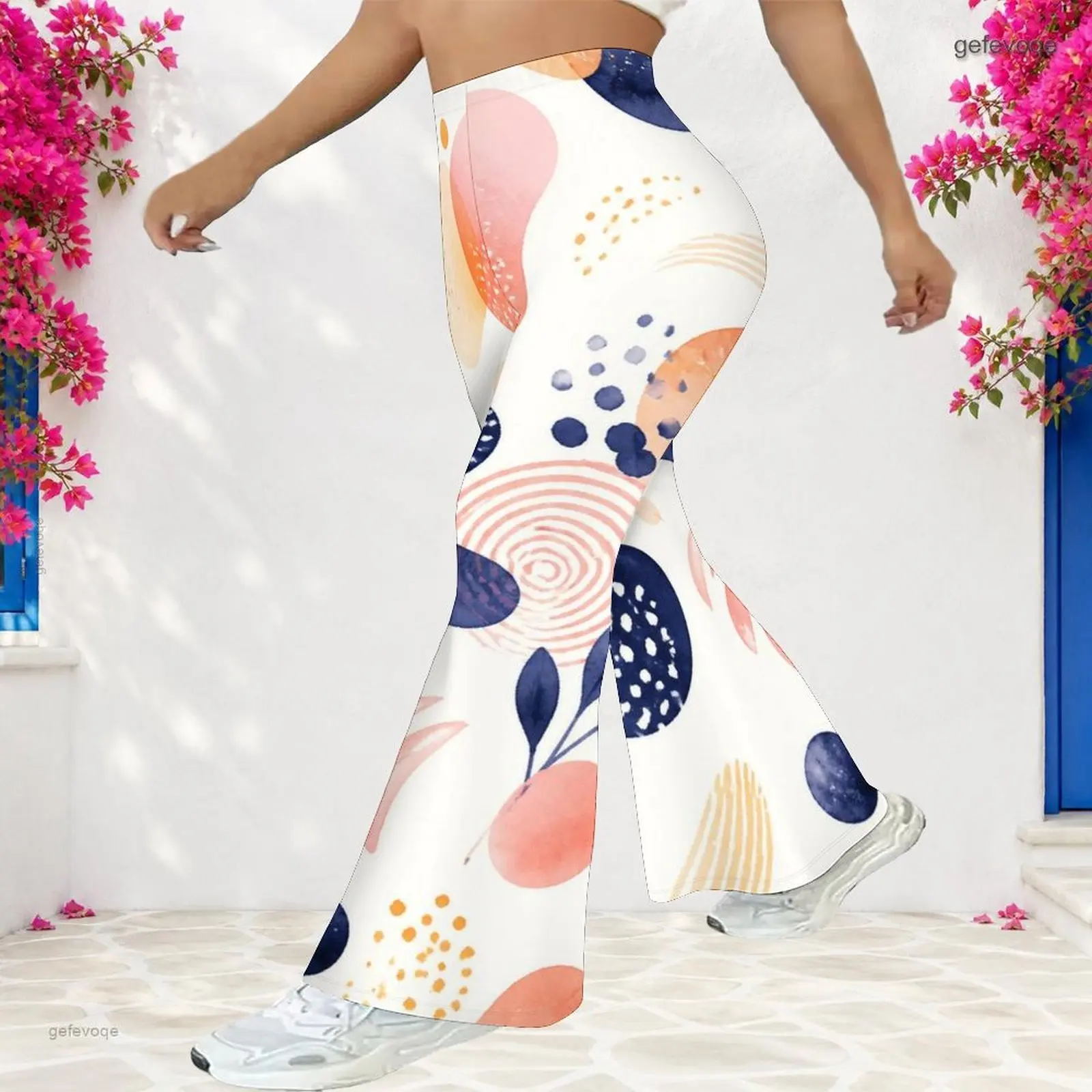 Women High Waist Full Length Abstract Watercolor Brush Dot Print Flared Pants